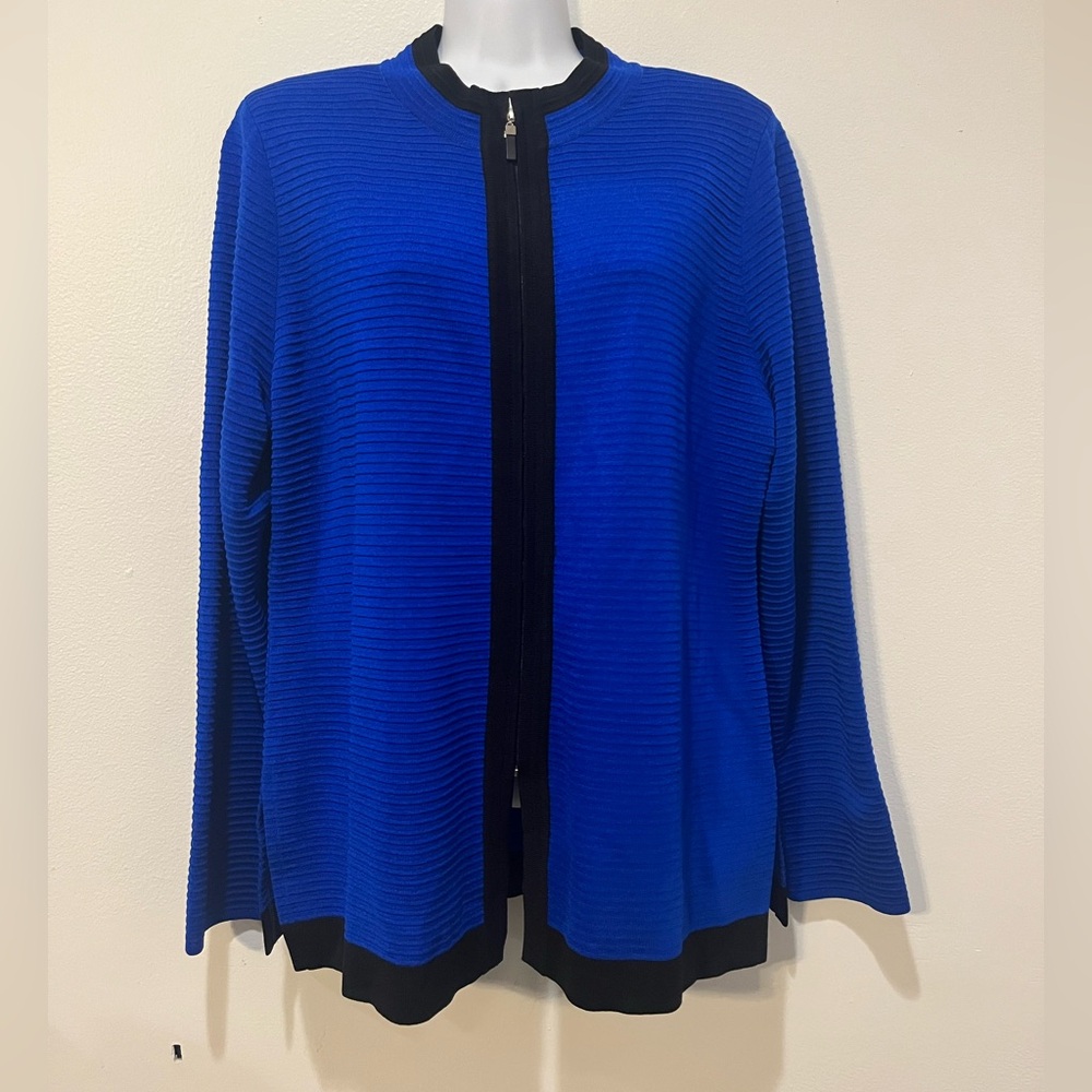 Exclusively Misook Royal Blue Rib Knit Zip Up Cardigan with Black Trim